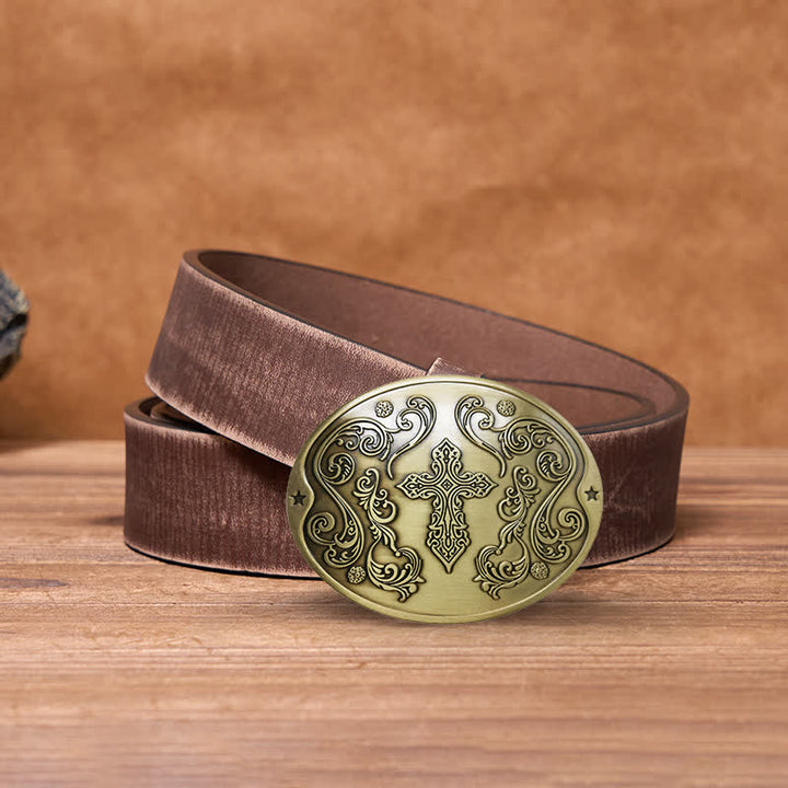 Cintura in pelle con fibbia porta birra creativa con incisione a croce fai da te da uomo - Bronzo antico - Cintura marrone anticata - 42 - image 17