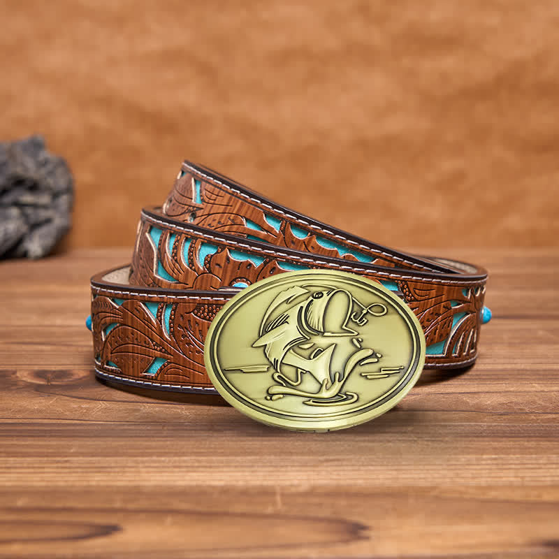 Cintura in pelle con fibbia porta birra creativa fai da te da uomo Gone Fishing - Bronzo antico - Cintura intagliata turchese - 42 - image 15
