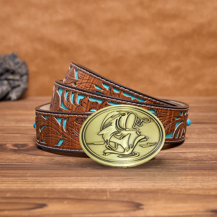 Cintura in pelle con fibbia porta birra creativa fai da te da uomo Gone Fishing - Bronzo antico - Cintura intagliata turchese - 42 - image 15