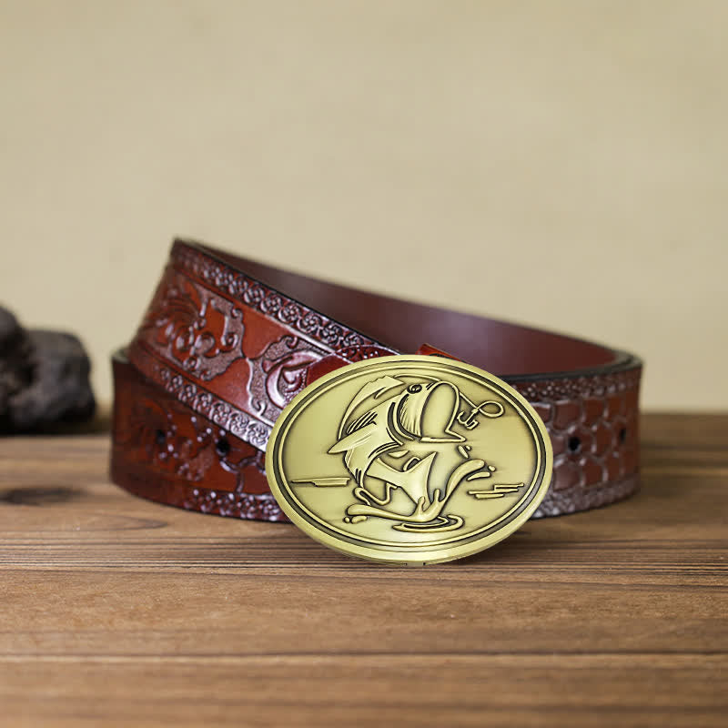 Cintura in pelle con fibbia porta birra creativa fai da te da uomo Gone Fishing - Bronzo antico - Cintura marrone intagliata - 42 - image 18