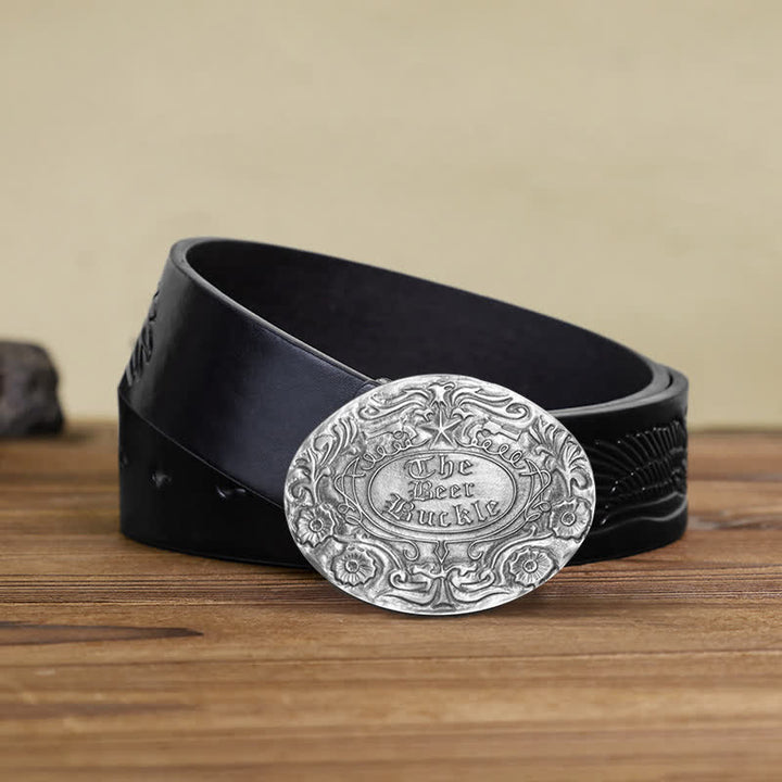 Cintura in pelle con fibbia porta birra creativa fai da te con incisione a forma di fiore da uomo - Argento antico - Cintura aquila nera in rilievo - 42 - image 8