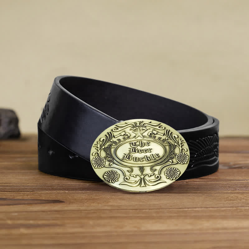 Cintura in pelle con fibbia porta birra creativa fai da te con incisione a forma di fiore da uomo - Bronzo antico - Cintura aquila nera in rilievo - 42 - image 14