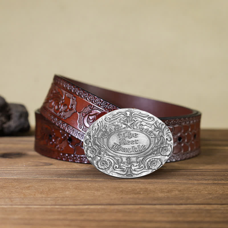 Cintura in pelle con fibbia porta birra creativa fai da te con incisione a forma di fiore da uomo - Argento antico - Cintura marrone intagliata - 42 - image 12
