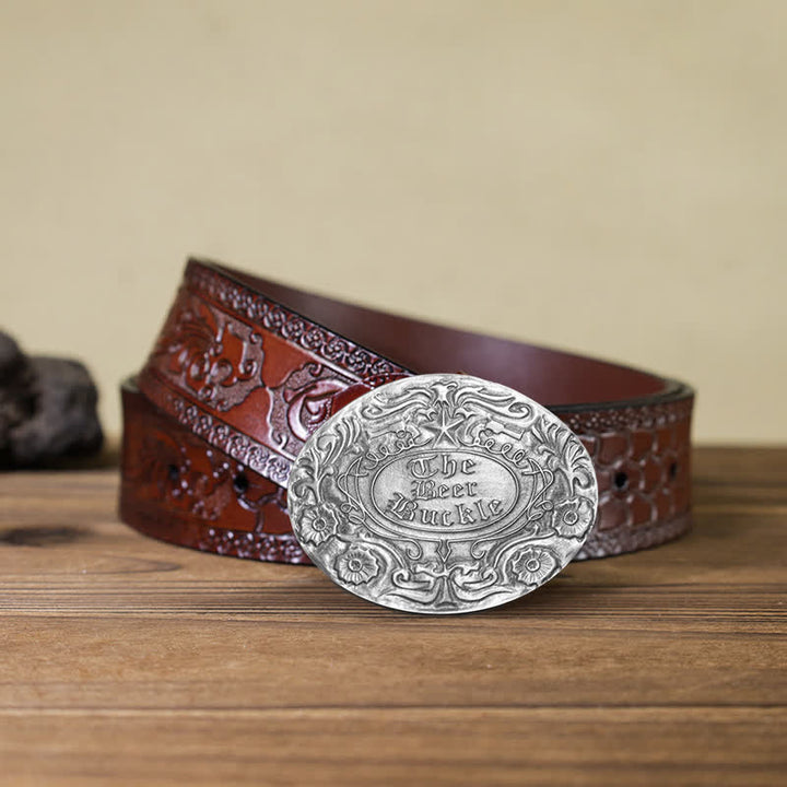Cintura in pelle con fibbia porta birra creativa fai da te con incisione a forma di fiore da uomo - Argento antico - Cintura marrone intagliata - 42 - image 12