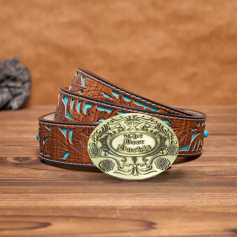 Cintura in pelle con fibbia porta birra creativa fai da te con incisione a forma di fiore da uomo - Bronzo antico - Cintura intagliata turchese - 42 - image 15