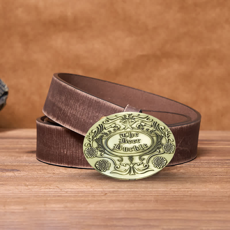 Cintura in pelle con fibbia porta birra creativa fai da te con incisione a forma di fiore da uomo - Bronzo antico - Cintura marrone anticata - 42 - image 17