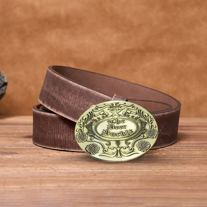 Cintura in pelle con fibbia porta birra creativa fai da te con incisione a forma di fiore da uomo - Bronzo antico - Cintura marrone anticata - 42 - image 17