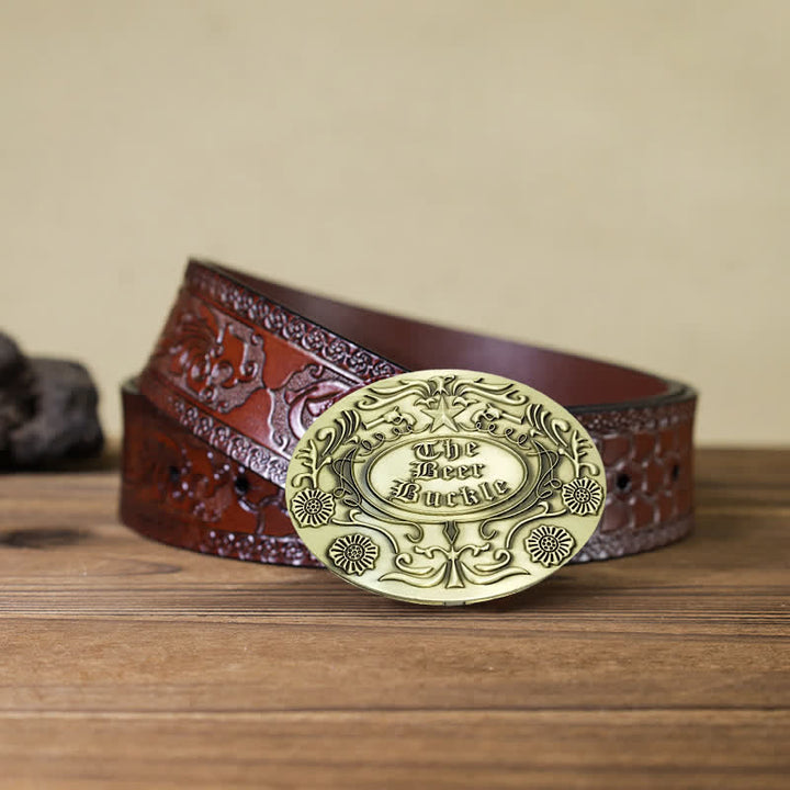 Cintura in pelle con fibbia porta birra creativa fai da te con incisione a forma di fiore da uomo - Bronzo antico - Cintura marrone intagliata - 42 - image 18