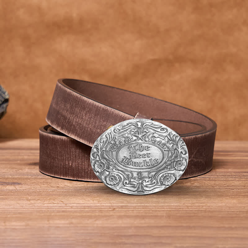 Cintura in pelle con fibbia porta birra creativa fai da te con incisione a forma di fiore da uomo - Argento antico - Cintura marrone anticata - 42 - image 11