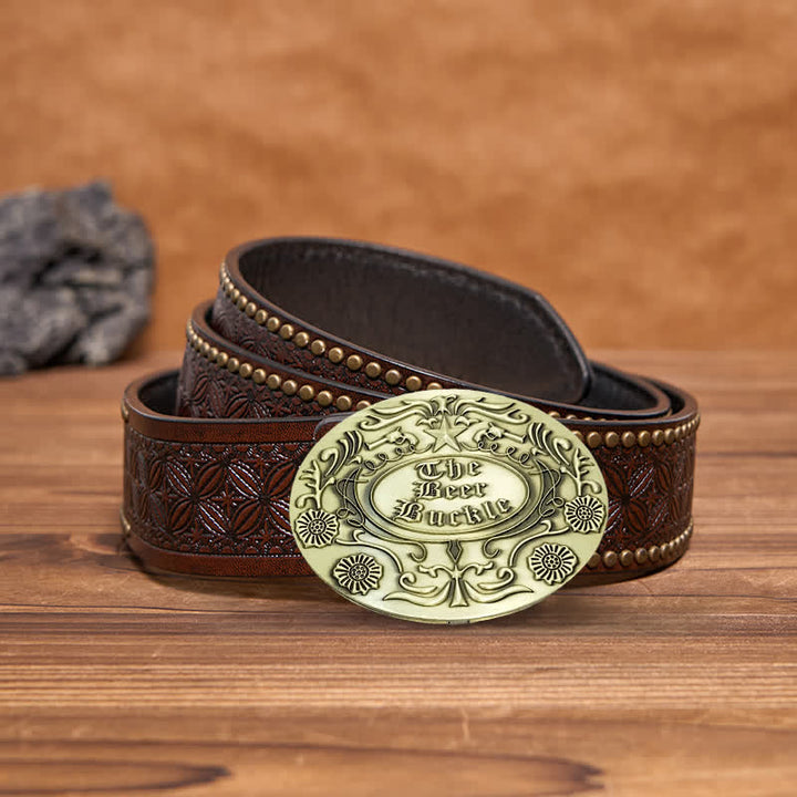 Cintura in pelle con fibbia porta birra creativa fai da te con incisione a forma di fiore da uomo - Bronzo antico - Cintura con rivetti marroni - 42 - image 16