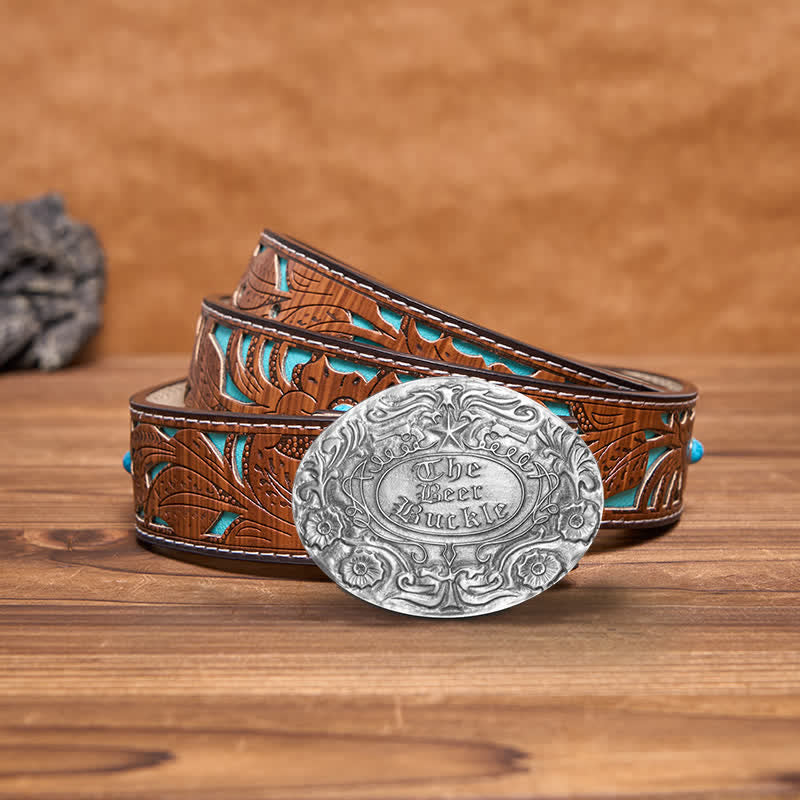Cintura in pelle con fibbia porta birra creativa fai da te con incisione a forma di fiore da uomo - Argento antico - Cintura intagliata turchese - 42 - image 9
