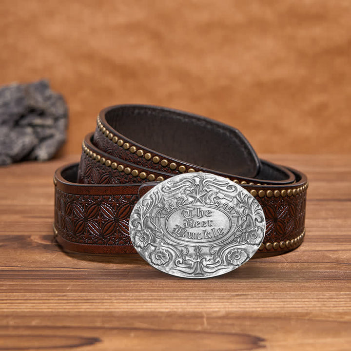 Cintura in pelle con fibbia porta birra creativa fai da te con incisione a forma di fiore da uomo - Argento antico - Cintura con rivetti marroni - 42 - image 10