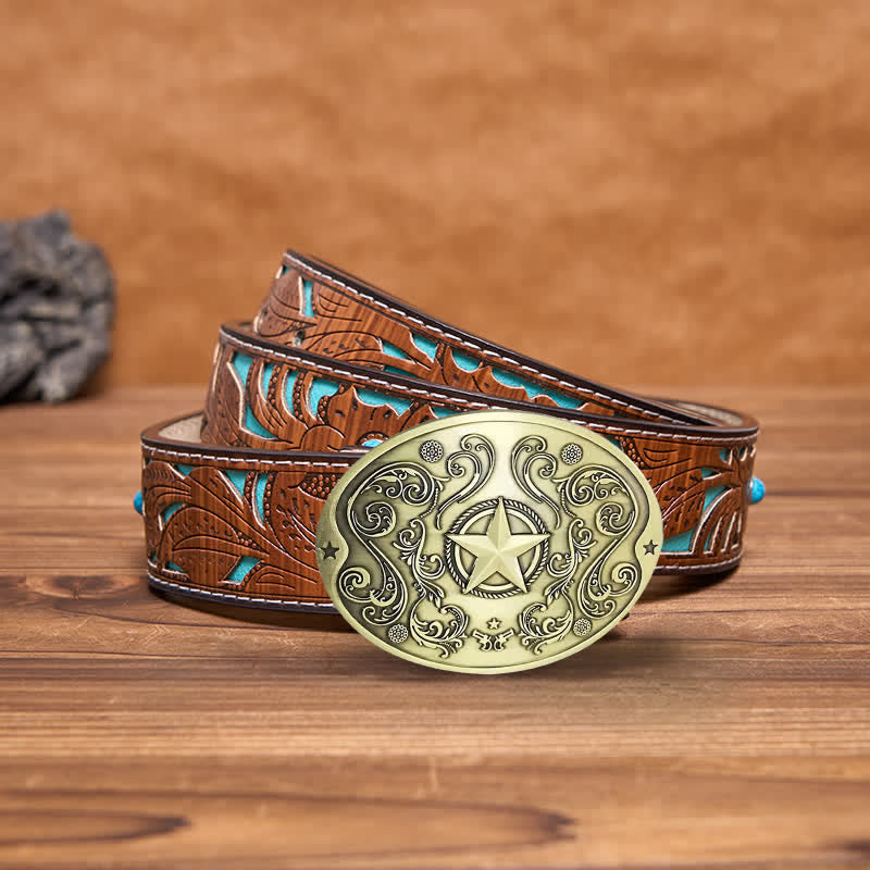 Cintura in pelle con fibbia porta birra creativa fai da te Western Star da uomo - Bronzo antico - Cintura intagliata turchese - 42 - image 15