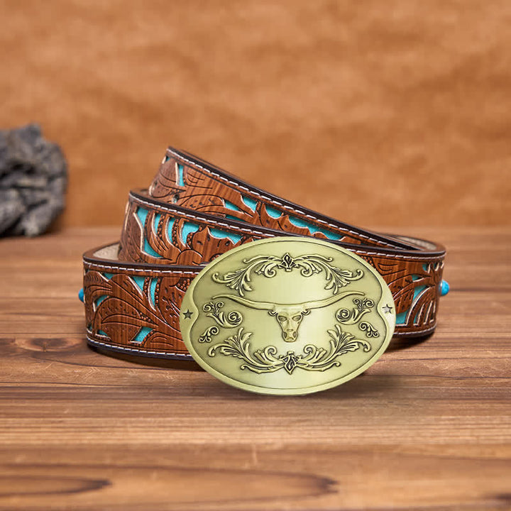 Cintura in pelle con fibbia porta birra creativa fai da te da uomo a forma di toro Longhorn