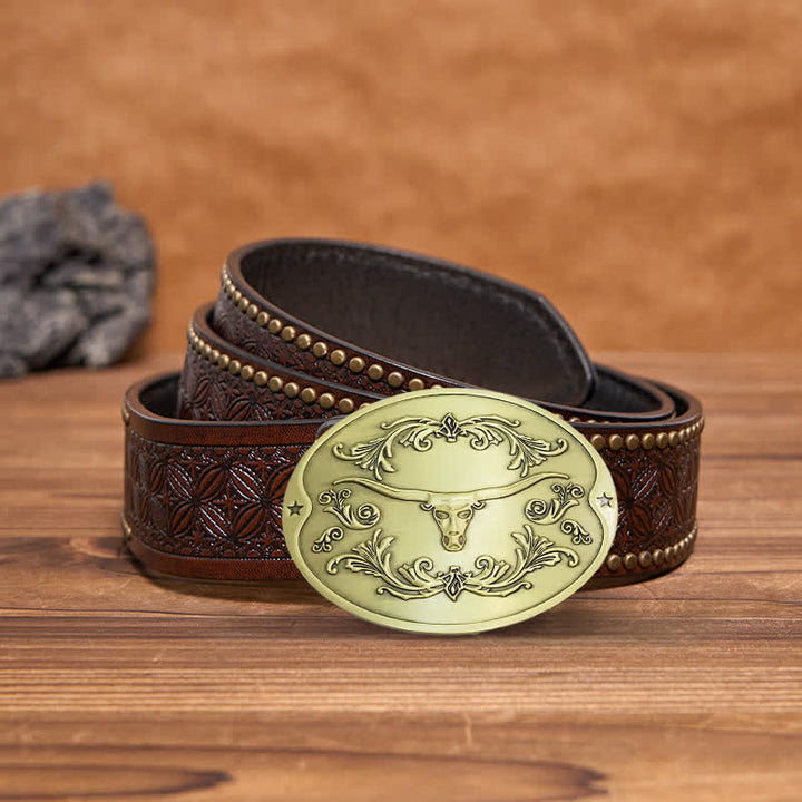 Cintura in pelle con fibbia porta birra creativa fai da te da uomo a forma di toro Longhorn