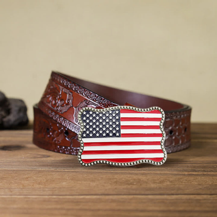 Cintura in pelle con fibbia per portafoglio con bandiera americana fai da te creativo da uomo - Argento antico - Cintura marrone intagliata - 42 - image 23