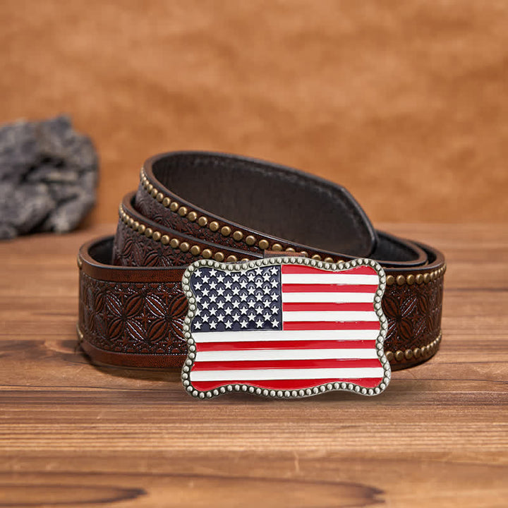 Cintura in pelle con fibbia per portafoglio con bandiera americana fai da te creativo da uomo - Argento antico - Cintura con rivetti marroni - 42 - image 21