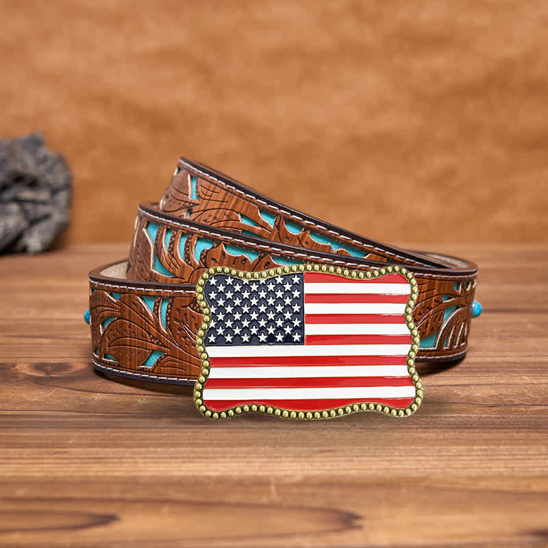 Cintura in pelle con fibbia per portafoglio con bandiera americana fai da te creativo da uomo - Bronzo antico - Cintura intagliata turchese - 42 - image 14