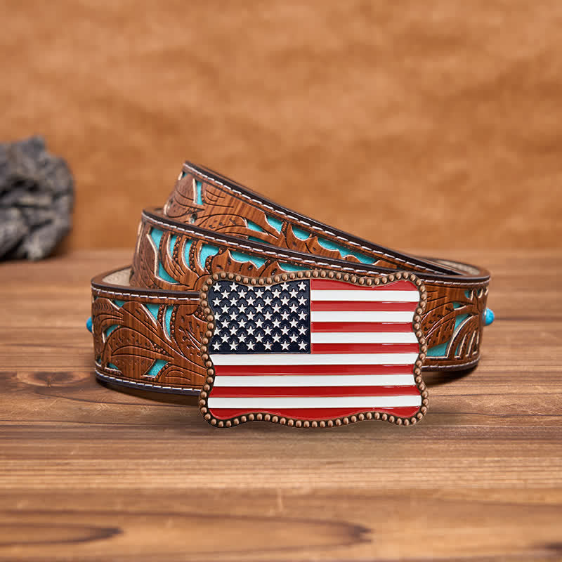 Cintura in pelle con fibbia per portafoglio con bandiera americana fai da te creativo da uomo - Rame antico - Cintura intagliata turchese - 42 - image 8