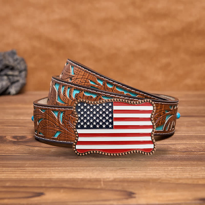 Cintura in pelle con fibbia per portafoglio con bandiera americana fai da te creativo da uomo - Rame antico - Cintura intagliata turchese - 42 - image 8