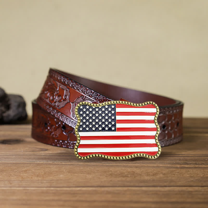 Cintura in pelle con fibbia per portafoglio con bandiera americana fai da te creativo da uomo - Bronzo antico - Cintura marrone intagliata - 42 - image 17