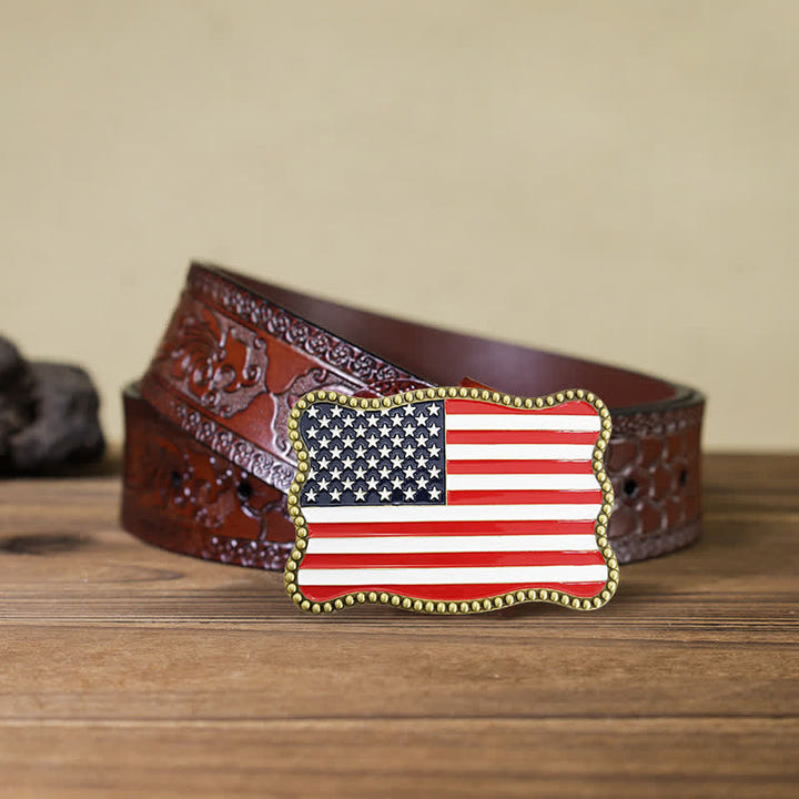 Cintura in pelle con fibbia per portafoglio con bandiera americana fai da te creativo da uomo - Bronzo antico - Cintura marrone intagliata - 42 - image 17