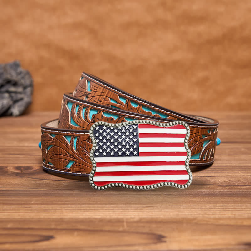 Cintura in pelle con fibbia per portafoglio con bandiera americana fai da te creativo da uomo - Argento antico - Cintura intagliata turchese - 42 - image 20