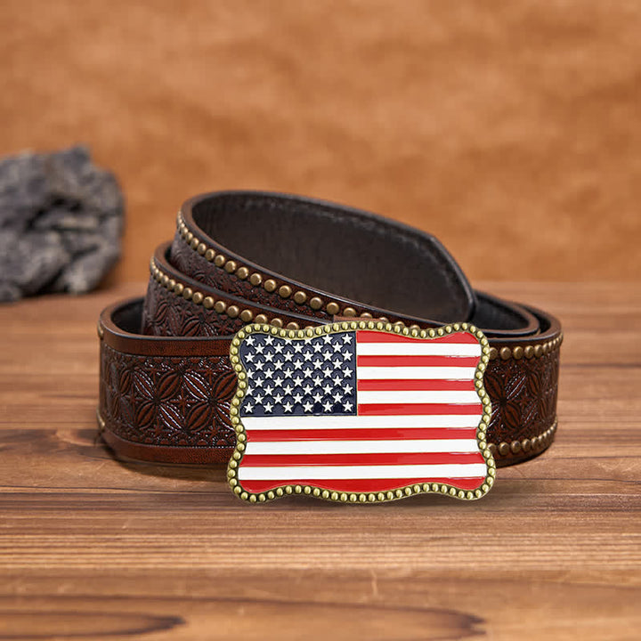 Cintura in pelle con fibbia per portafoglio con bandiera americana fai da te creativo da uomo - Bronzo antico - Cintura con rivetti marroni - 42 - image 15