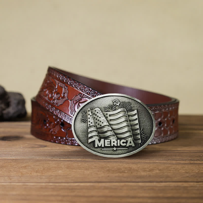 Cintura in pelle con fibbia in stile Texas con bandiera nativa americana fai da te da uomo - Argento - Cintura marrone intagliata - 42 - image 6