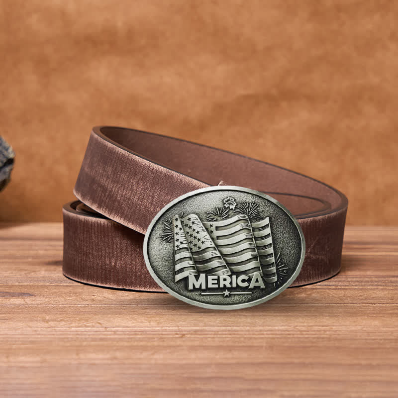 Cintura in pelle con fibbia in stile Texas con bandiera nativa americana fai da te da uomo - Argento - Cintura marrone anticata - 42 - image 5