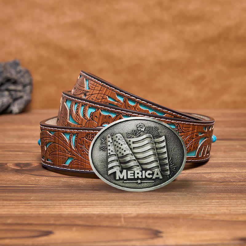 Cintura in pelle con fibbia in stile Texas con bandiera nativa americana fai da te da uomo - Argento - Cintura intagliata turchese - 42 - image 3