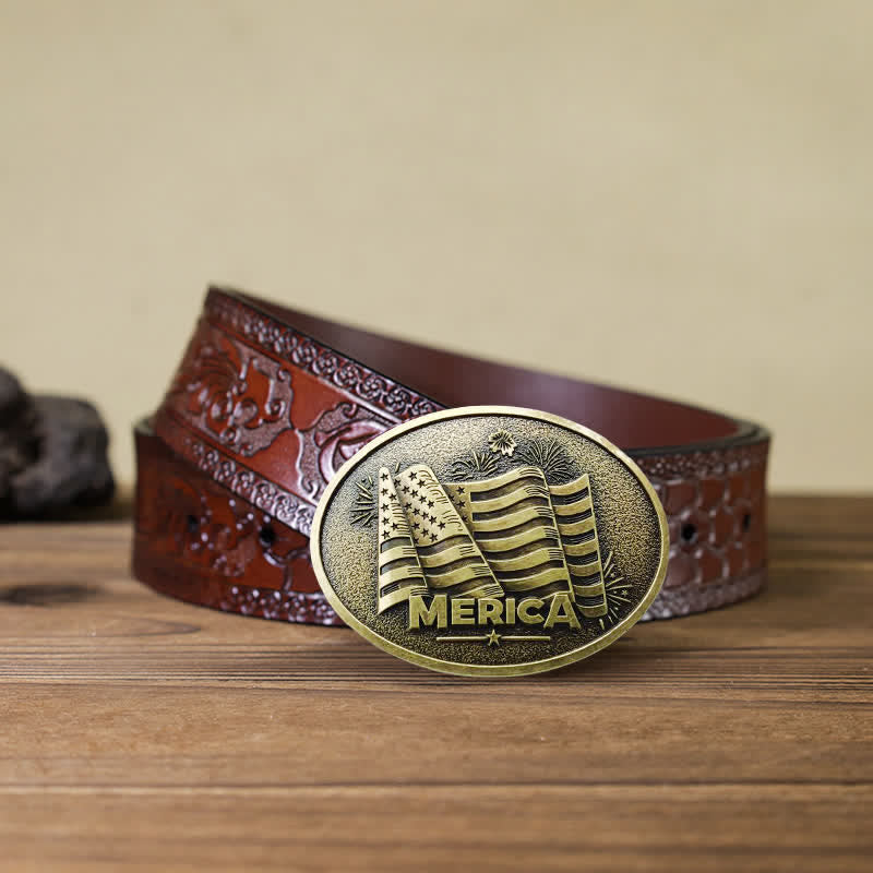 Cintura in pelle con fibbia in stile Texas con bandiera nativa americana fai da te da uomo - Bronzo - Cintura marrone intagliata - 42 - image 14