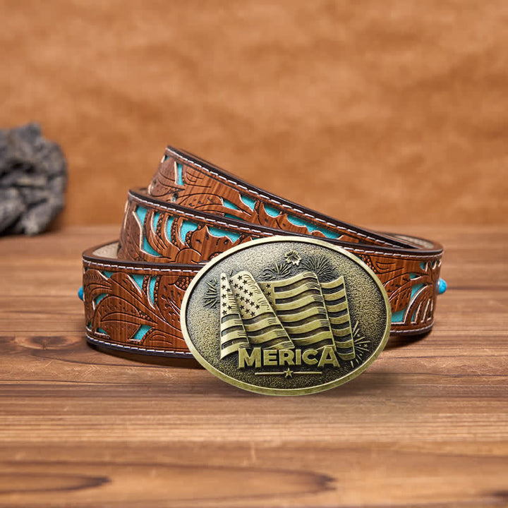 Cintura in pelle con fibbia in stile Texas con bandiera nativa americana fai da te da uomo - Bronzo - Cintura intagliata turchese - 42 - image 11
