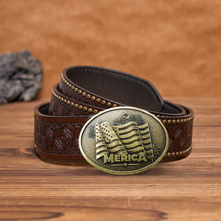 Cintura in pelle con fibbia in stile Texas con bandiera nativa americana fai da te da uomo - Bronzo - Cintura con rivetti marroni - 42 - image 12