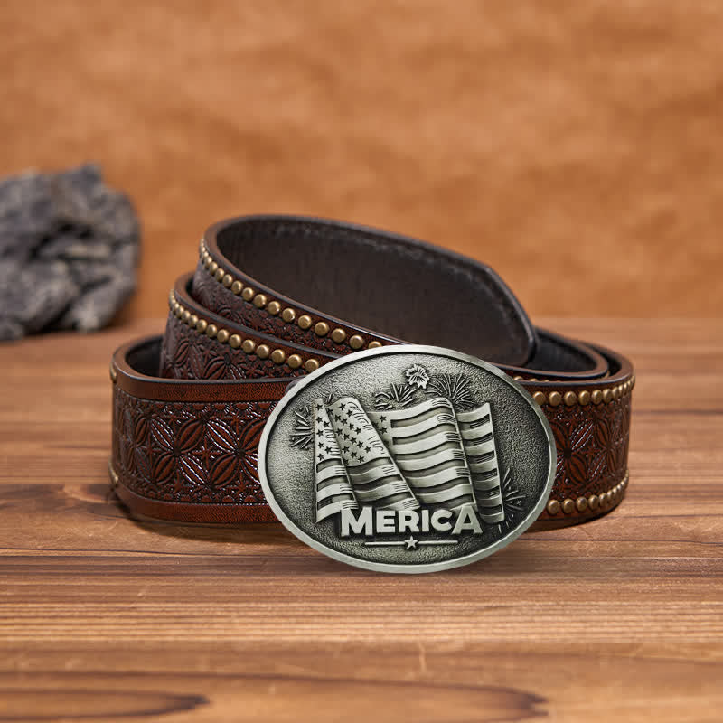 Cintura in pelle con fibbia in stile Texas con bandiera nativa americana fai da te da uomo - Argento - Cintura con rivetti marroni - 42 - image 4