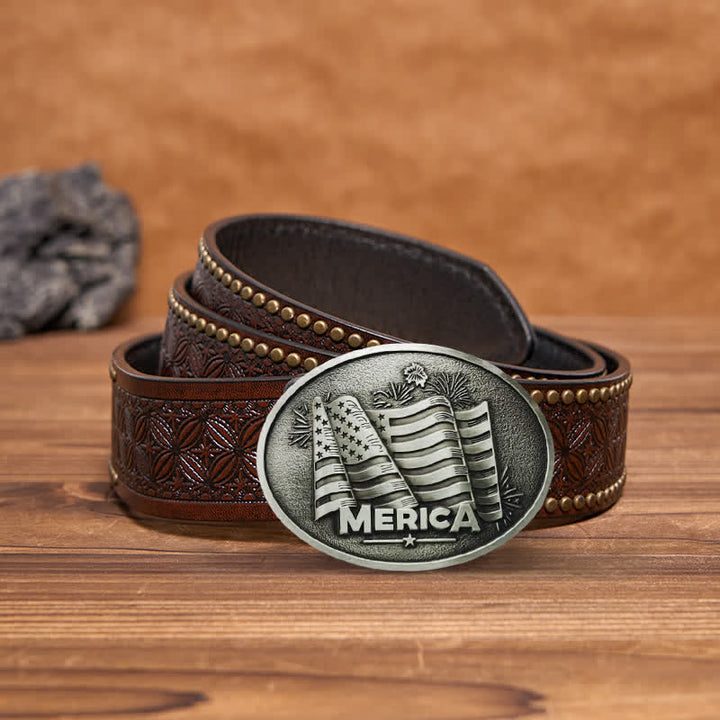 Cintura in pelle con fibbia in stile Texas con bandiera nativa americana fai da te da uomo - Argento - Cintura con rivetti marroni - 42 - image 4
