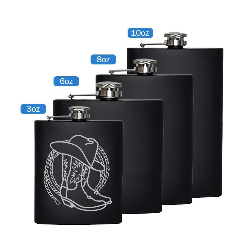 Borraccia portatile in acciaio inossidabile con motivo laser da 3-8 oz e stivali da cowboy - Nero - 8 once - image 5