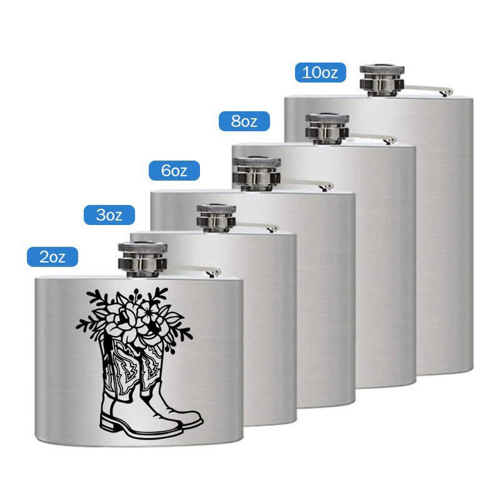 Borraccia portatile in acciaio inossidabile con motivo laser da 3-8 oz con stivali e fiori - Argento - 8 once - image 2