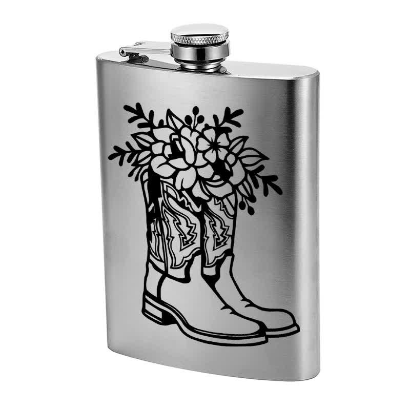 Borraccia portatile in acciaio inossidabile con motivo laser da 3-8 oz con stivali e fiori - image 4