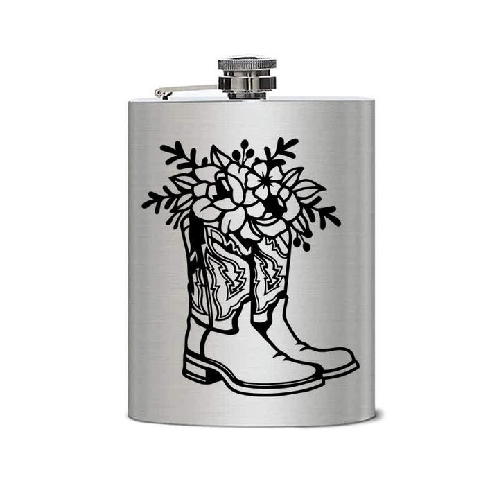 Borraccia portatile in acciaio inossidabile con motivo laser da 3-8 oz con stivali e fiori - image 1