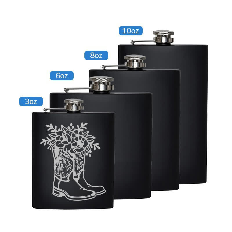 Borraccia portatile in acciaio inossidabile con motivo laser da 3-8 oz con stivali e fiori - Nero - 8 once - image 5