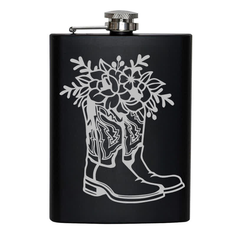 Borraccia portatile in acciaio inossidabile con motivo laser da 3-8 oz con stivali e fiori - image 8