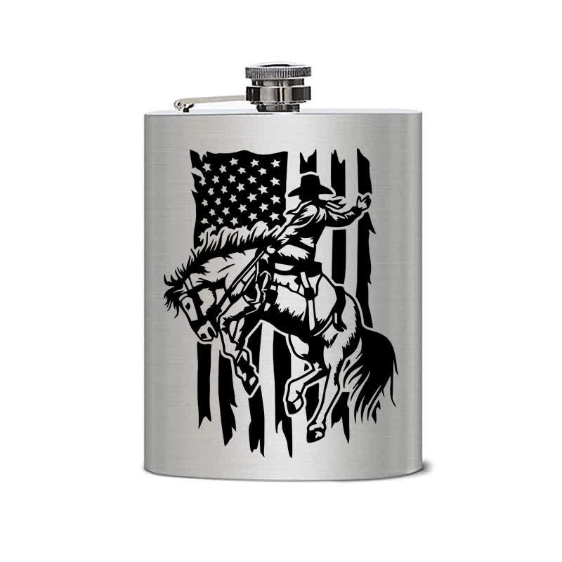 Borraccia portatile in acciaio inossidabile con motivo laser a bandiera USA da 3-8 oz con cavallo da equitazione - image 1