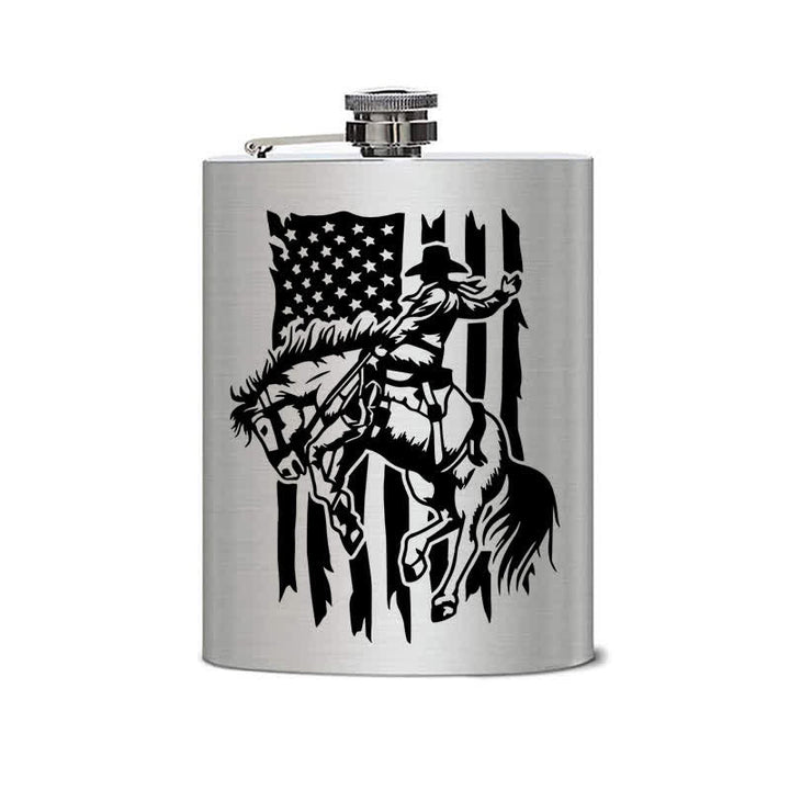 Borraccia portatile in acciaio inossidabile con motivo laser a bandiera USA da 3-8 oz con cavallo da equitazione - image 1