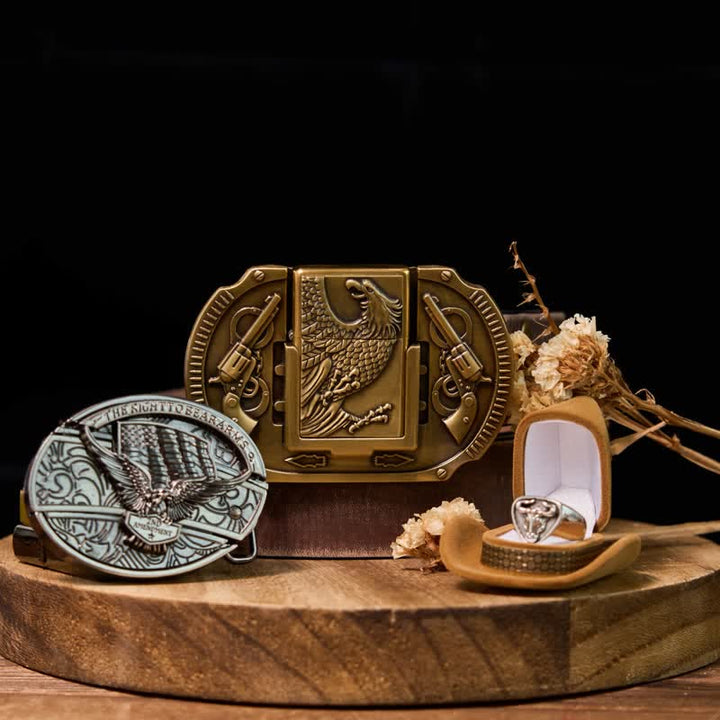 Set fai da te con fibbia per cintura, accendino e coltello nascosto con bandiera USA e aquila