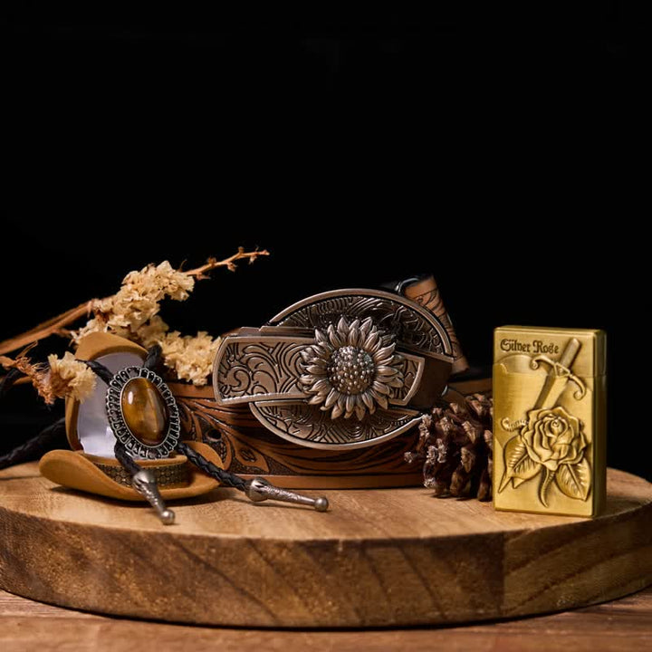 Set di ciondoli fai da te con fibbia per cintura, coltello nascosto, accendino e cravatta Bolo a forma di rosa a forma di girasole