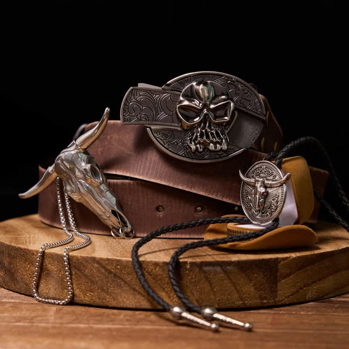 Set di cravatte Bolo con ciondolo a forma di mucca, fibbia per cintura con coltello nascosto fai da te e teschio