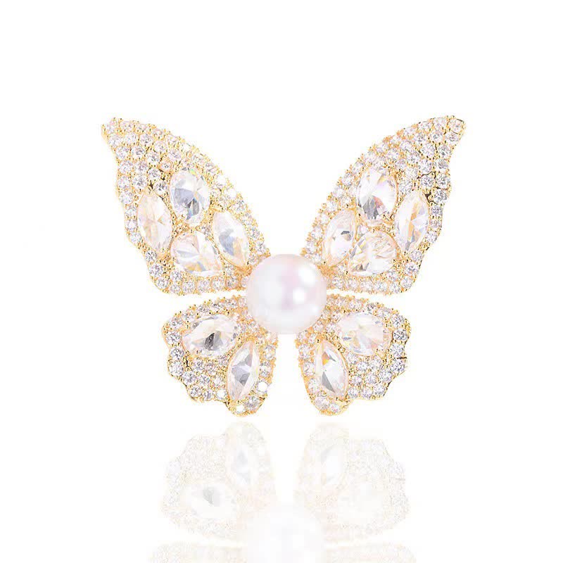 Spilla a farfalla con perle e zirconi scintillanti da donna - Oro - image 5