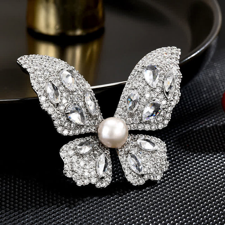 Spilla a farfalla con perle e zirconi scintillanti da donna - Argento - image 0