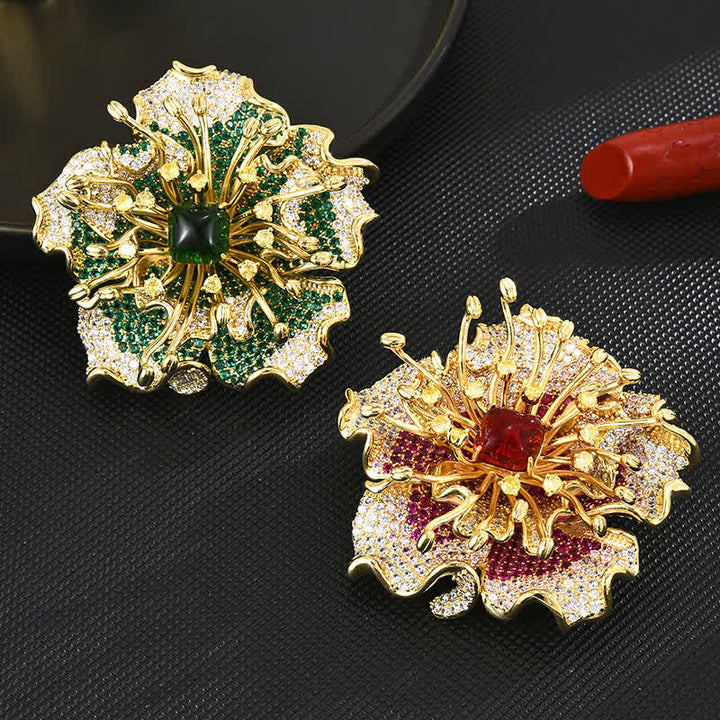 Spilla da donna di lusso con zirconi cubici colorati e fiori retrò